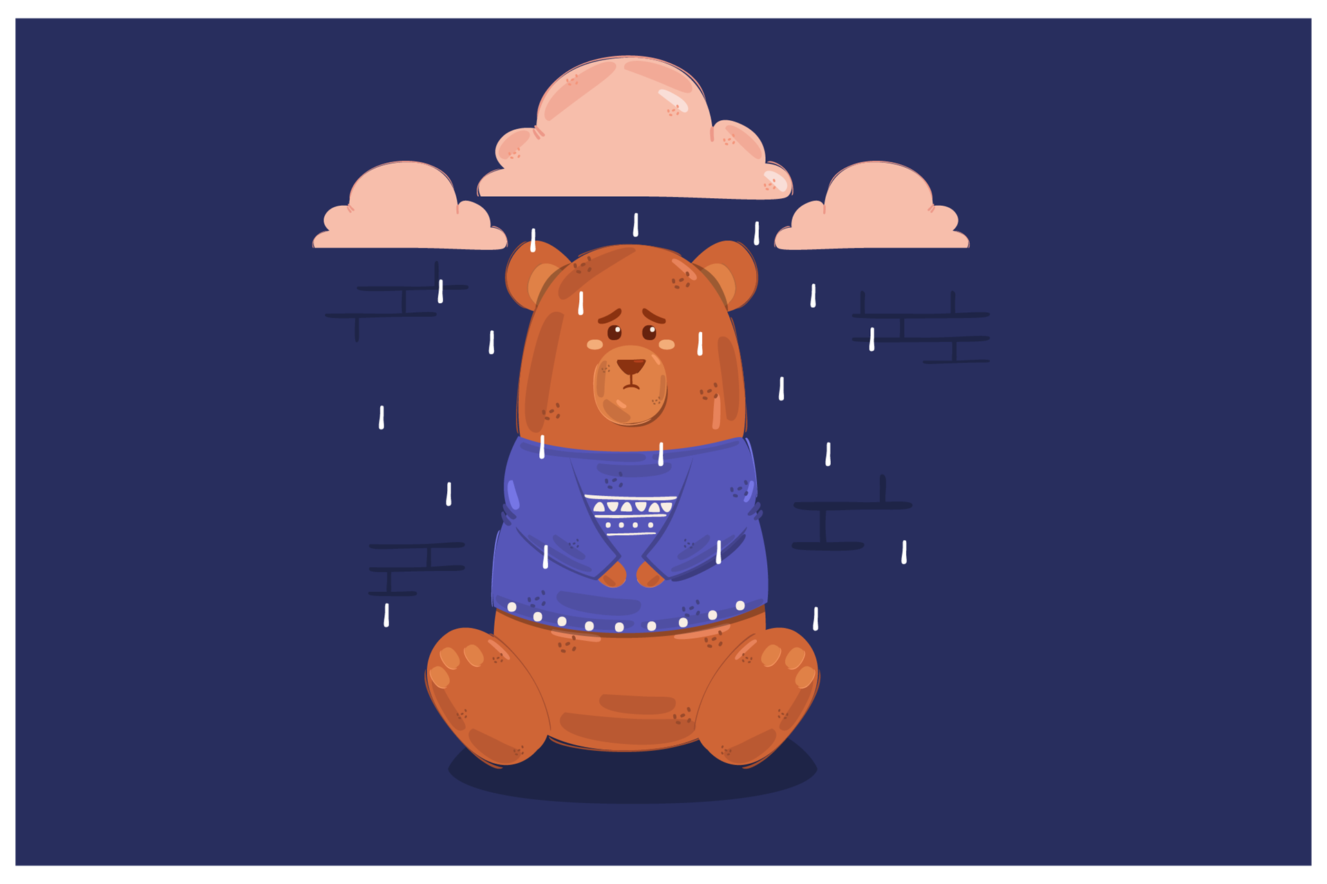 Graphic image of cute cartoon like bear, wearing a blue xmas sweater. there are pink rain clouds above their head, with juicy raindrops falling upon our furry friend.